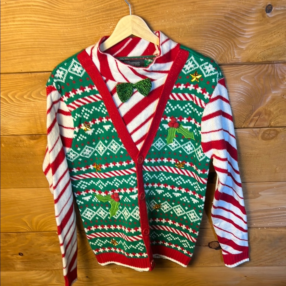 33 Degrees UGLY Christmas Sweater GLITTERY BOW TIE VEST LOOK Sm Tacky‎ Festive